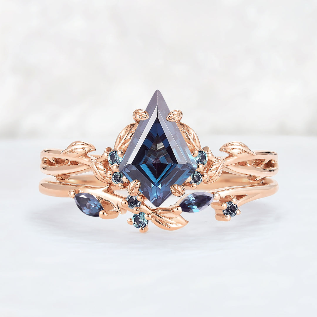 Nature Inspired Kite Cut Alexandrite Leaf Ring Set 2pcs