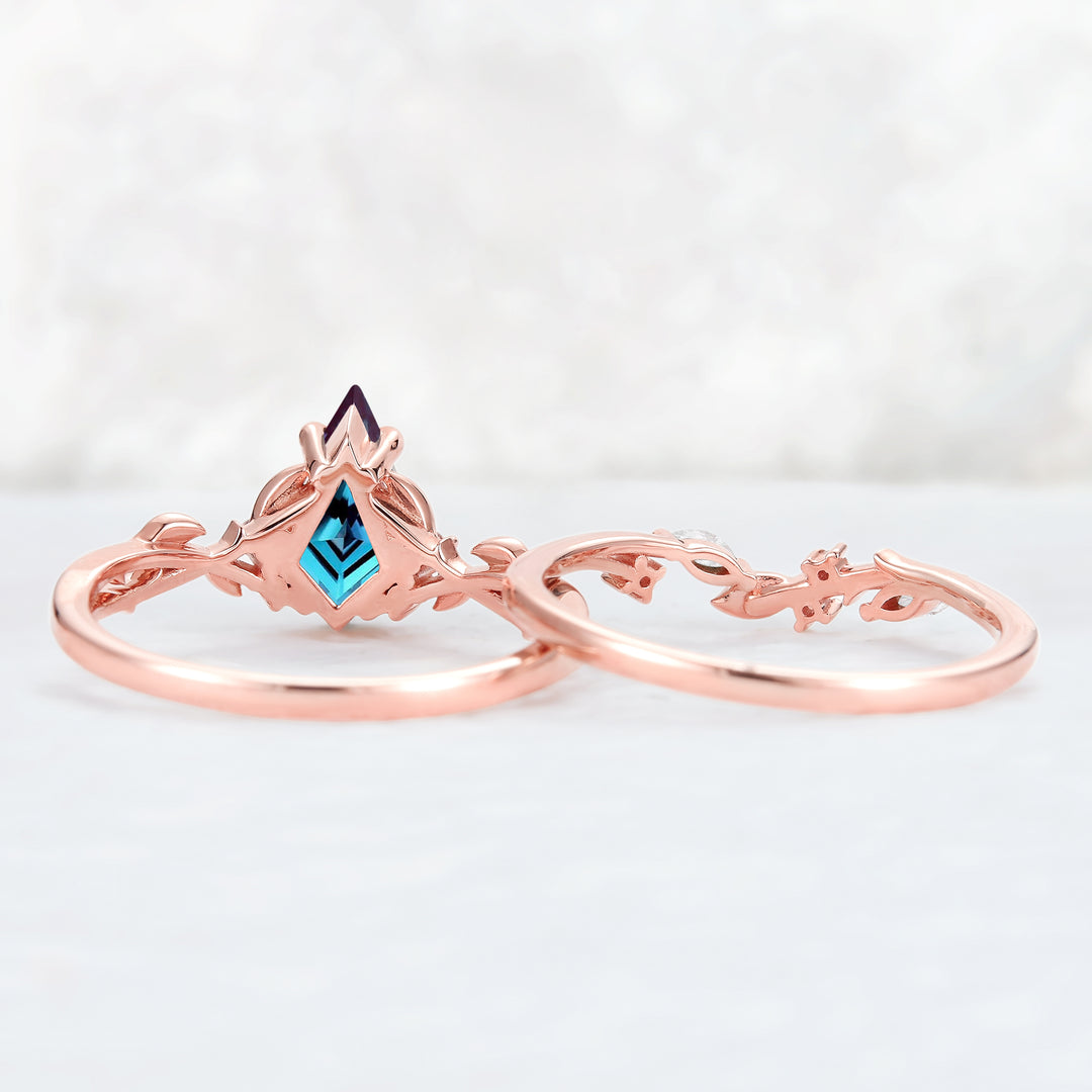 Nature Inspired Kite Cut Alexandrite Leaf Ring Set 2pcs