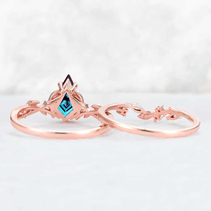 Nature Inspired Kite Cut Alexandrite Leaf Ring Set 2pcs