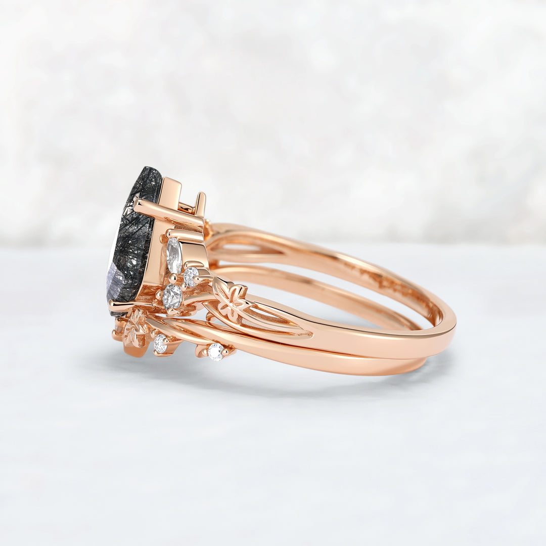 Nature Inspired Kite Cut Black Rutilated Quartz Lvy Shadow Gemstone Rings Set 2pcs