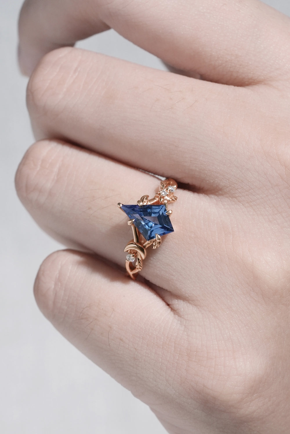 Nature Inspired Kite Cut Cornflower Sapphire Vine and Moon Gemstone Ring