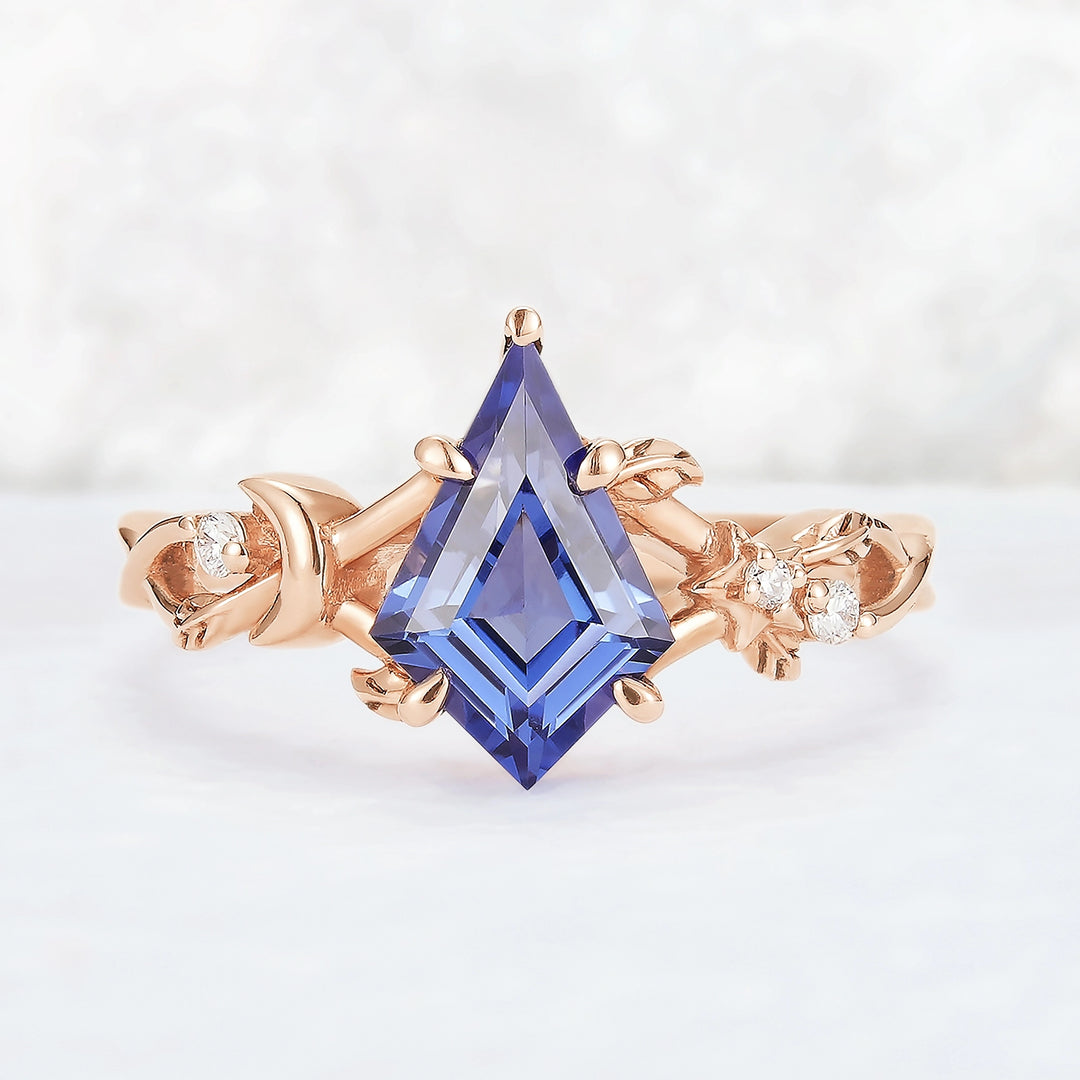 Nature Inspired Kite Cut Cornflower Sapphire Vine and Moon Gemstone Ring