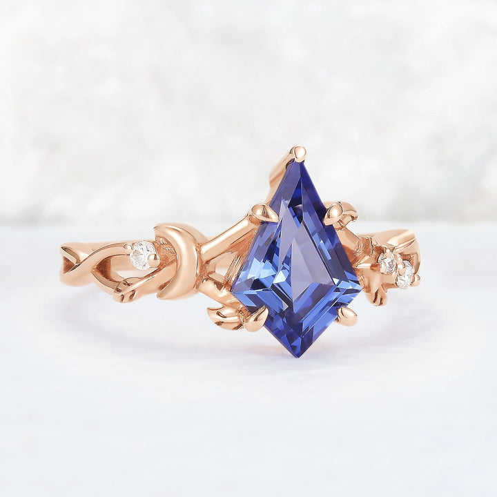 Nature Inspired Kite Cut Cornflower Sapphire Vine and Moon Gemstone Ring