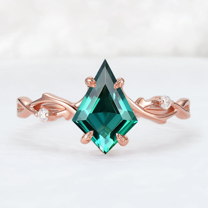 Nature Inspired Kite Cut Emerald Vine Engagement Ring