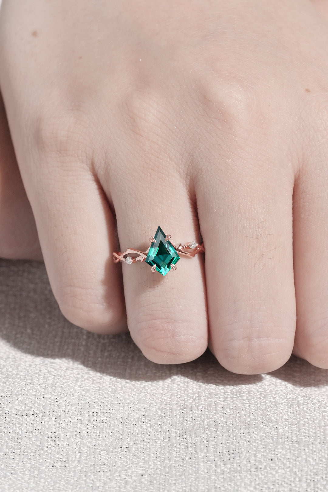 Nature Inspired Kite Cut Emerald Vine Engagement Ring