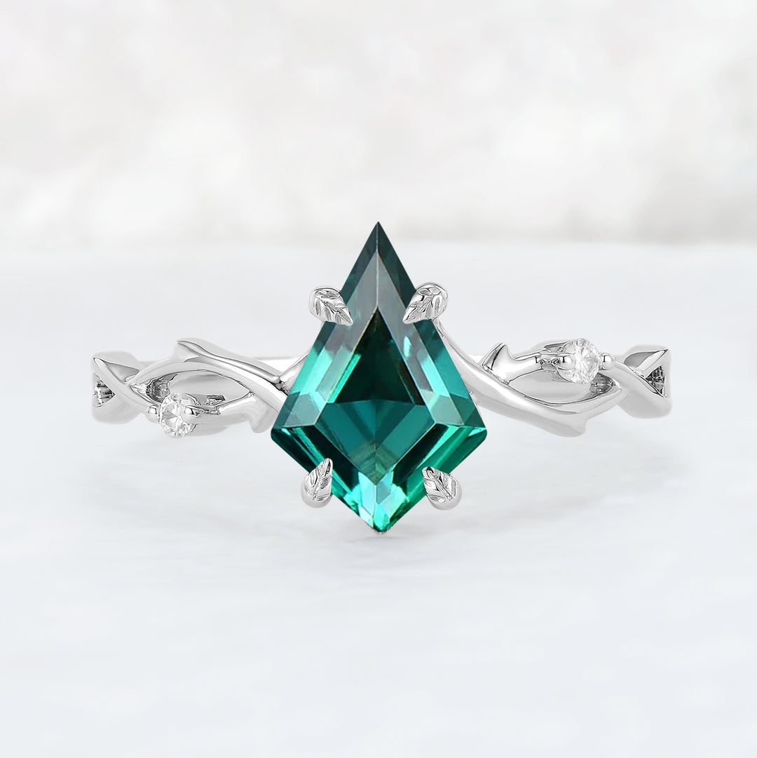 Nature Inspired Kite Cut Emerald Vine Engagement Ring