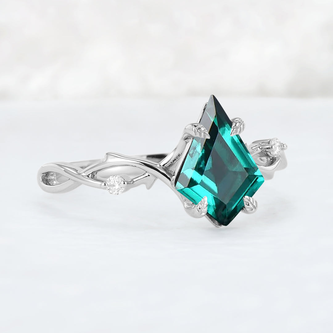 Nature Inspired Kite Cut Emerald Vine Engagement Ring