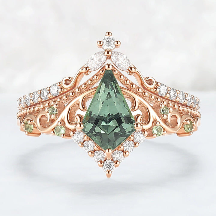 Nature Inspired Kite Cut Lab Green Sapphire Openwork Vine Gemstone Ring Set 2pcs