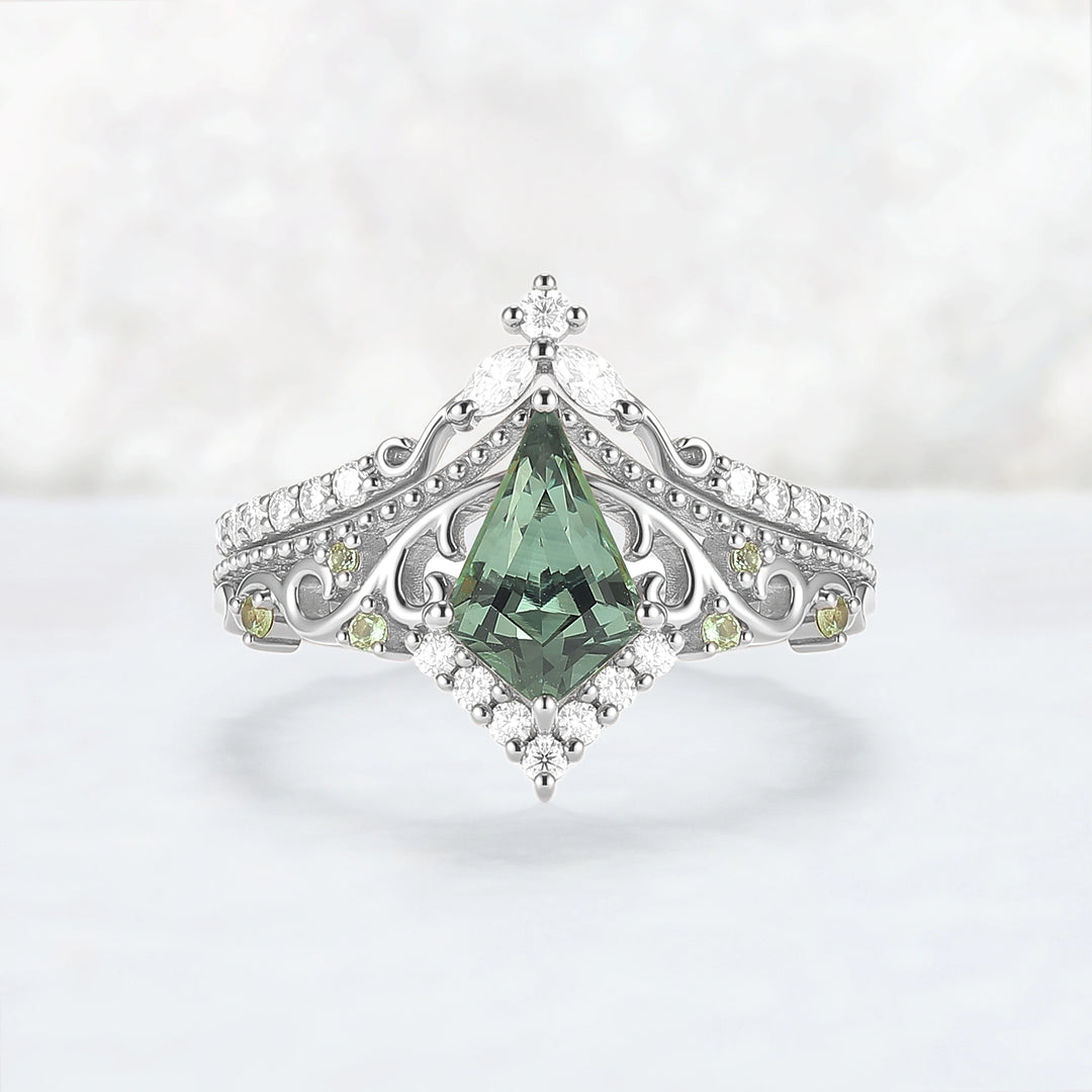 Nature Inspired Kite Cut Lab Green Sapphire Openwork Vine Gemstone Ring Set 2pcs