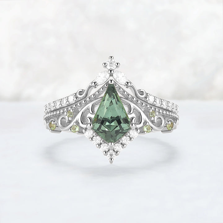 Nature Inspired Kite Cut Lab Green Sapphire Openwork Vine Gemstone Ring Set 2pcs