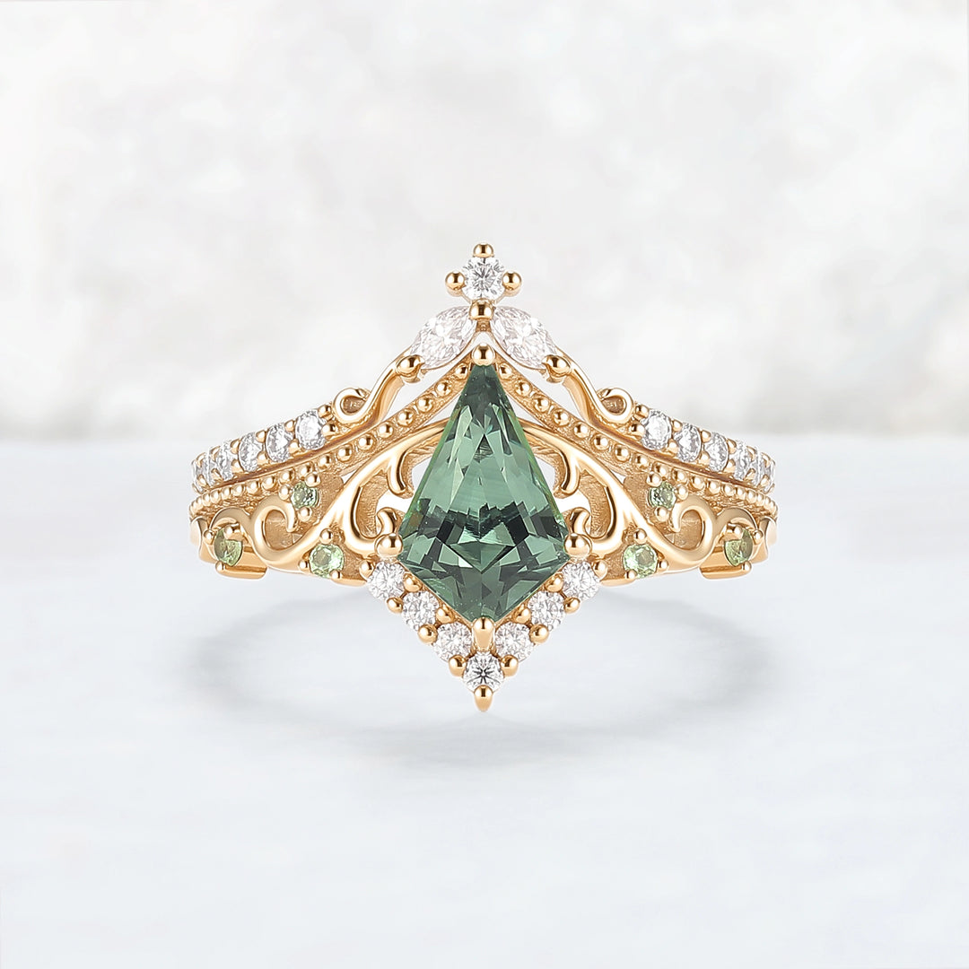 Nature Inspired Kite Cut Lab Green Sapphire Openwork Vine Gemstone Ring Set 2pcs