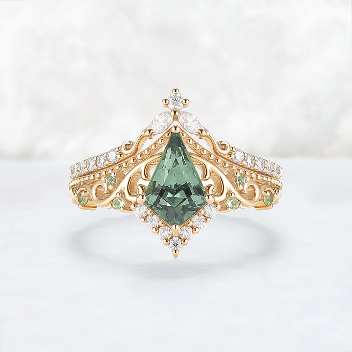 Nature Inspired Kite Cut Lab Green Sapphire Openwork Vine Gemstone Ring Set 2pcs