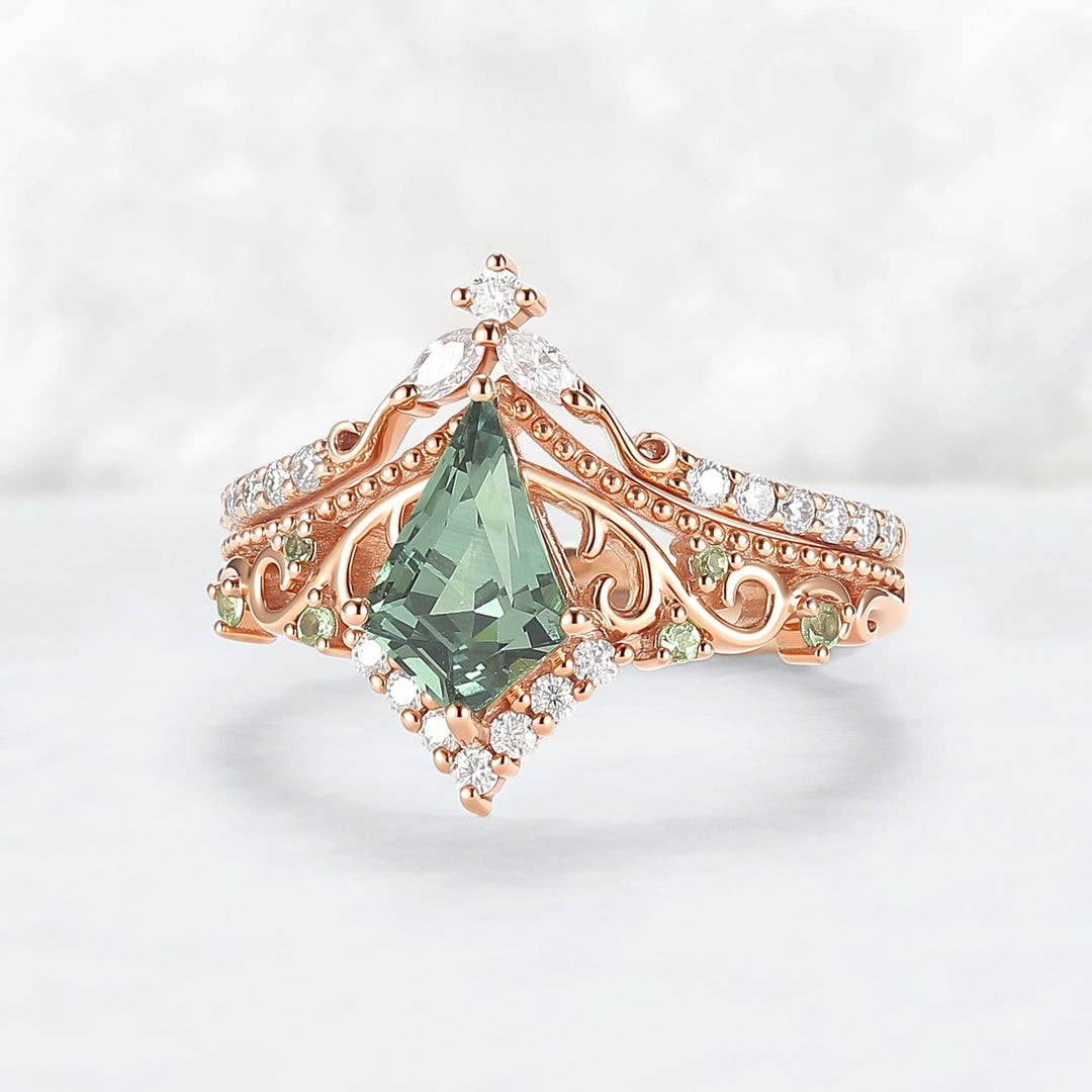 Nature Inspired Kite Cut Lab Green Sapphire Openwork Vine Gemstone Ring Set 2pcs