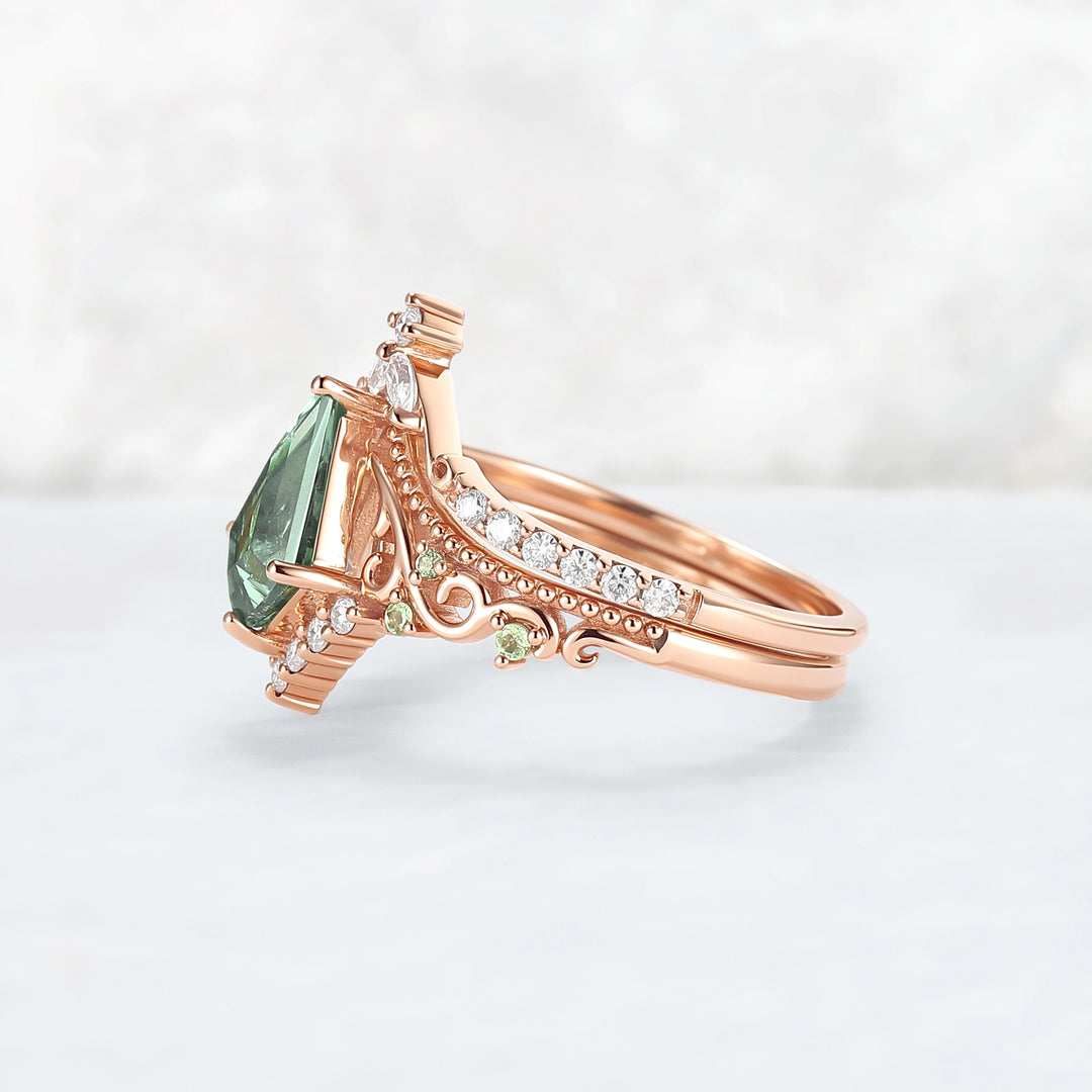 Nature Inspired Kite Cut Lab Green Sapphire Openwork Vine Gemstone Ring Set 2pcs