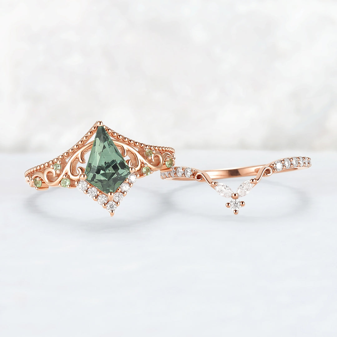 Nature Inspired Kite Cut Lab Green Sapphire Openwork Vine Gemstone Ring Set 2pcs