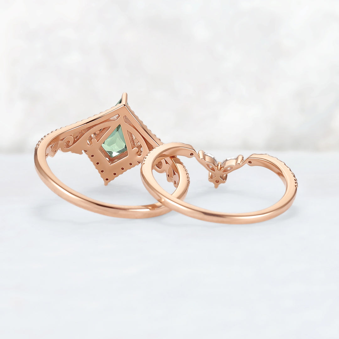 Nature Inspired Kite Cut Lab Green Sapphire Openwork Vine Gemstone Ring Set 2pcs
