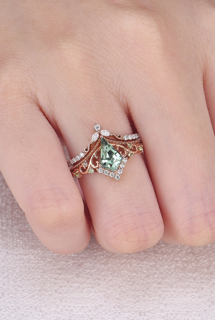 Nature Inspired Kite Cut Lab Green Sapphire Openwork Vine Gemstone Ring Set 2pcs