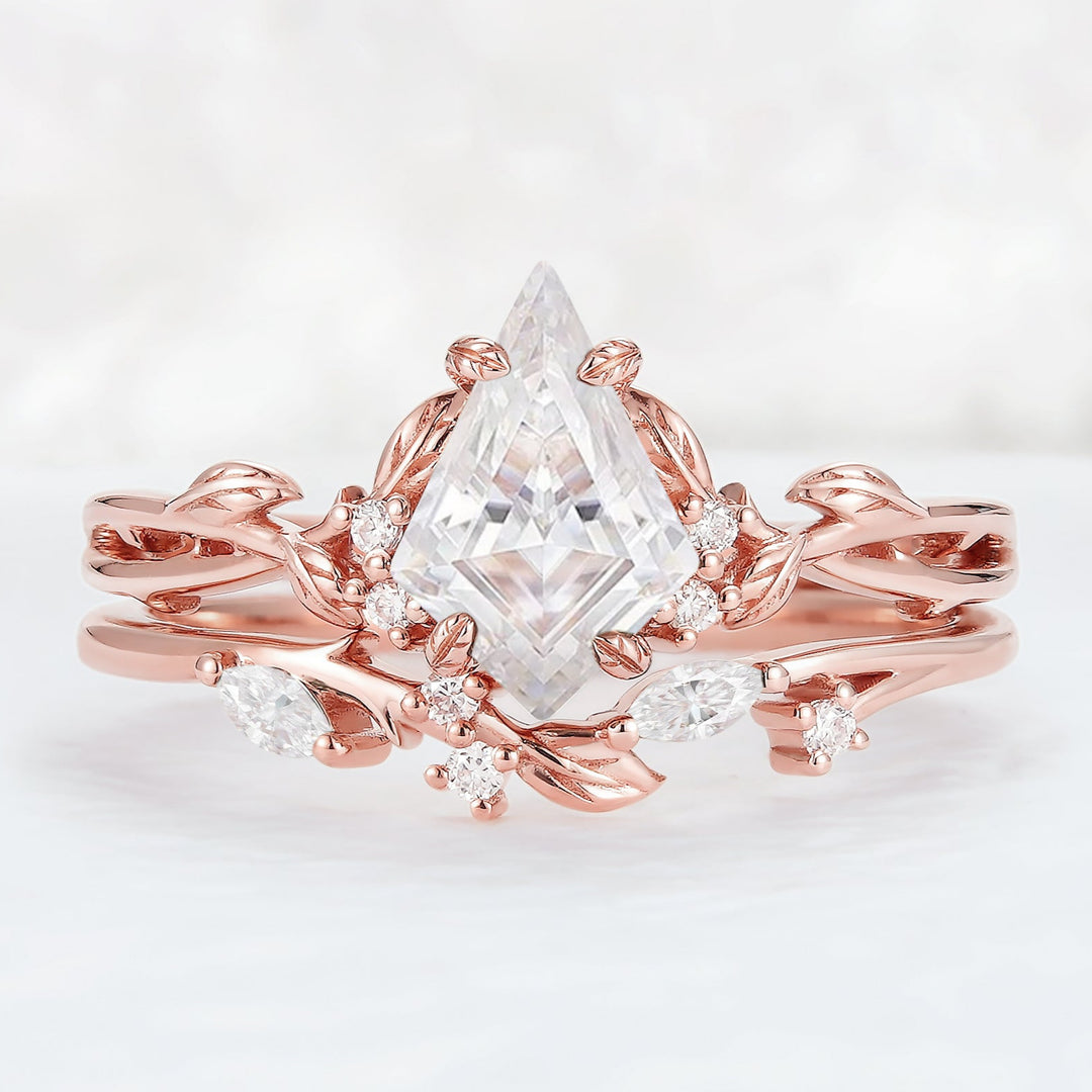 Nature Inspired Kite Cut Moissanite Leaf Engagement Ring Set 2pcs-1