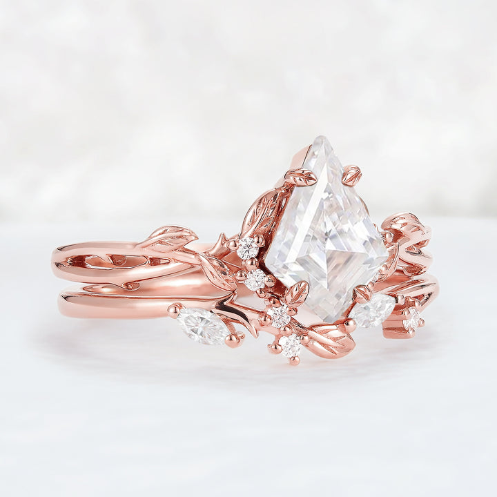 Nature Inspired Kite Cut Moissanite Leaf Engagement Ring Set 2pcs