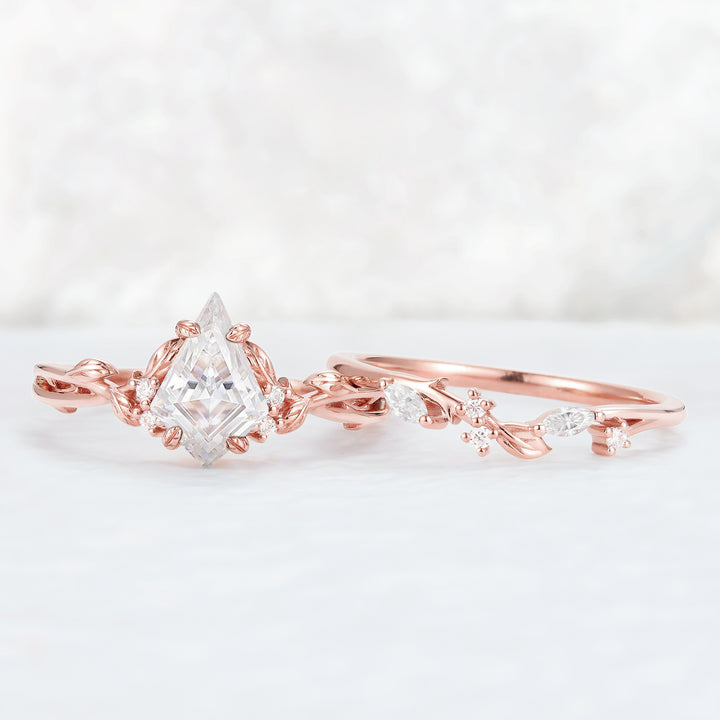 Nature Inspired Kite Cut Moissanite Leaf Engagement Ring Set 2pcs