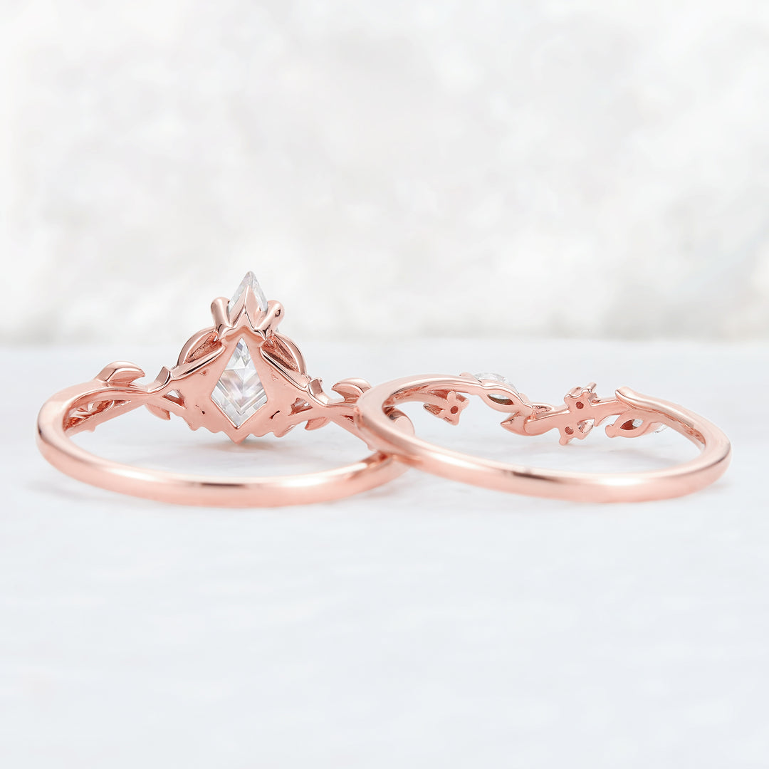 Nature Inspired Kite Cut Moissanite Leaf Engagement Ring Set 2pcs