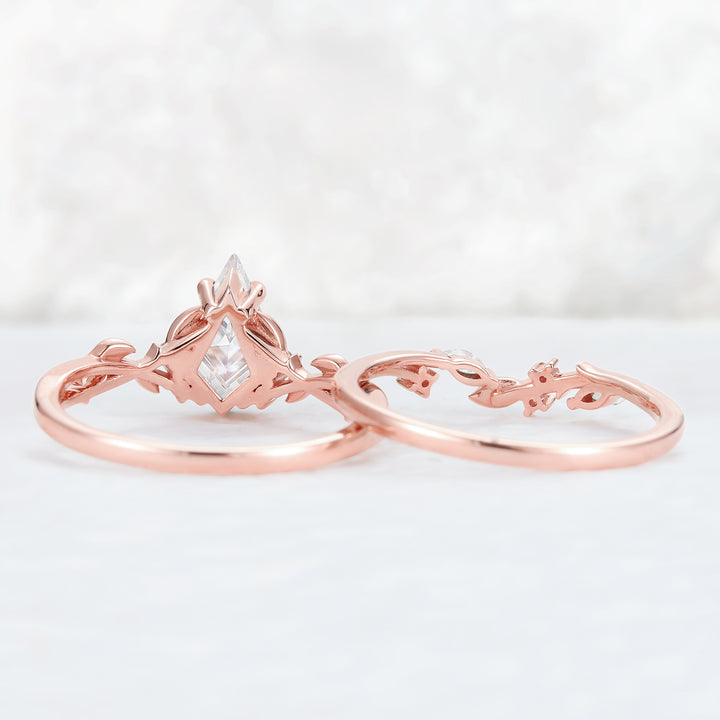 Nature Inspired Kite Cut Moissanite Leaf Engagement Ring Set 2pcs