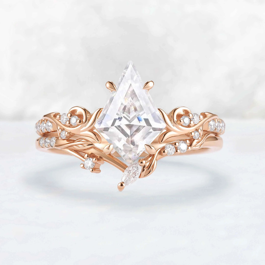 Nature Inspired Kite Cut Moissanite Vine Engagement Ring Set 2pcs