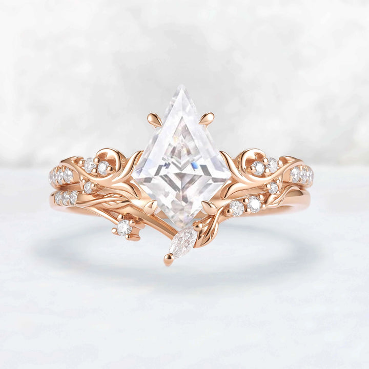 Nature Inspired Kite Cut Moissanite Vine Engagement Ring Set 2pcs