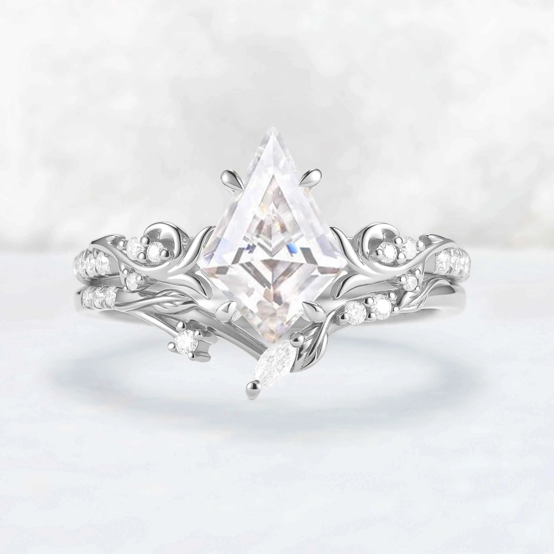 Nature Inspired Kite Cut Moissanite Vine Engagement Ring Set 2pcs