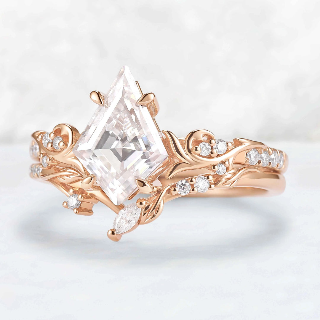 Nature Inspired Kite Cut Moissanite Vine Engagement Ring Set 2pcs