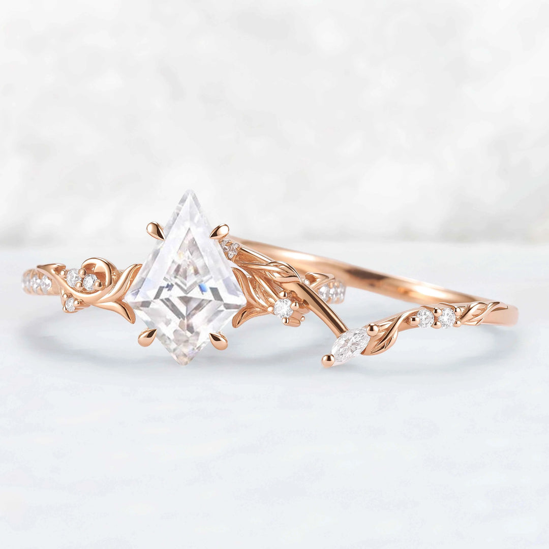 Nature Inspired Kite Cut Moissanite Vine Engagement Ring Set 2pcs