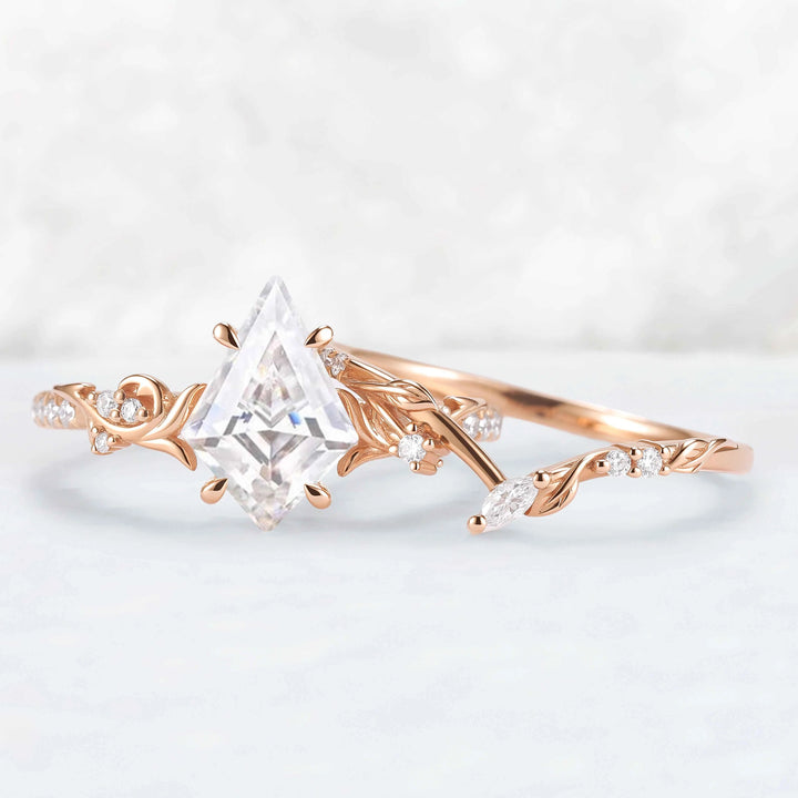 Nature Inspired Kite Cut Moissanite Vine Engagement Ring Set 2pcs