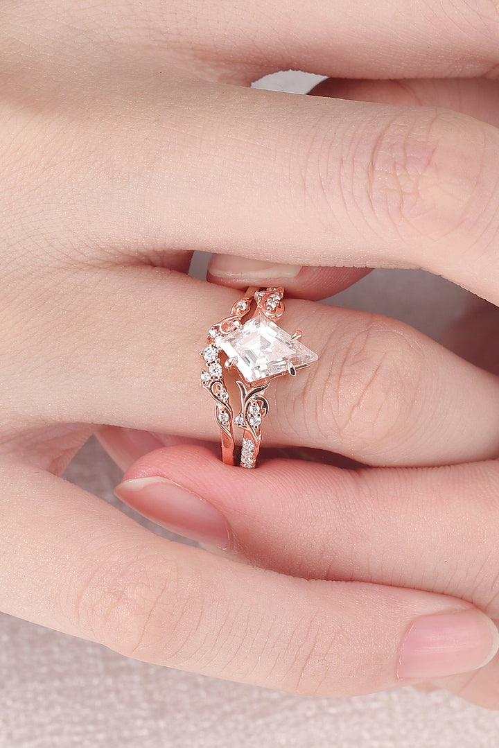 Nature Inspired Kite Cut Moissanite Vine Gemstone Ring Set 2pcs
