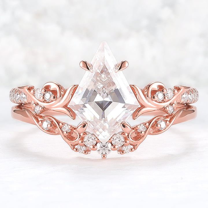 Nature Inspired Kite Cut Moissanite Vine Gemstone Ring Set 2pcs