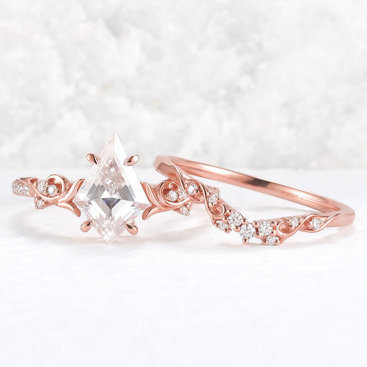 Nature Inspired Kite Cut Moissanite Vine Gemstone Ring Set 2pcs