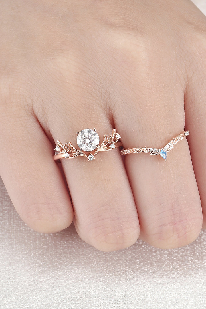 Nature Inspired Kite Cut Moonstone Twig 'Antlers' Stacking Ring