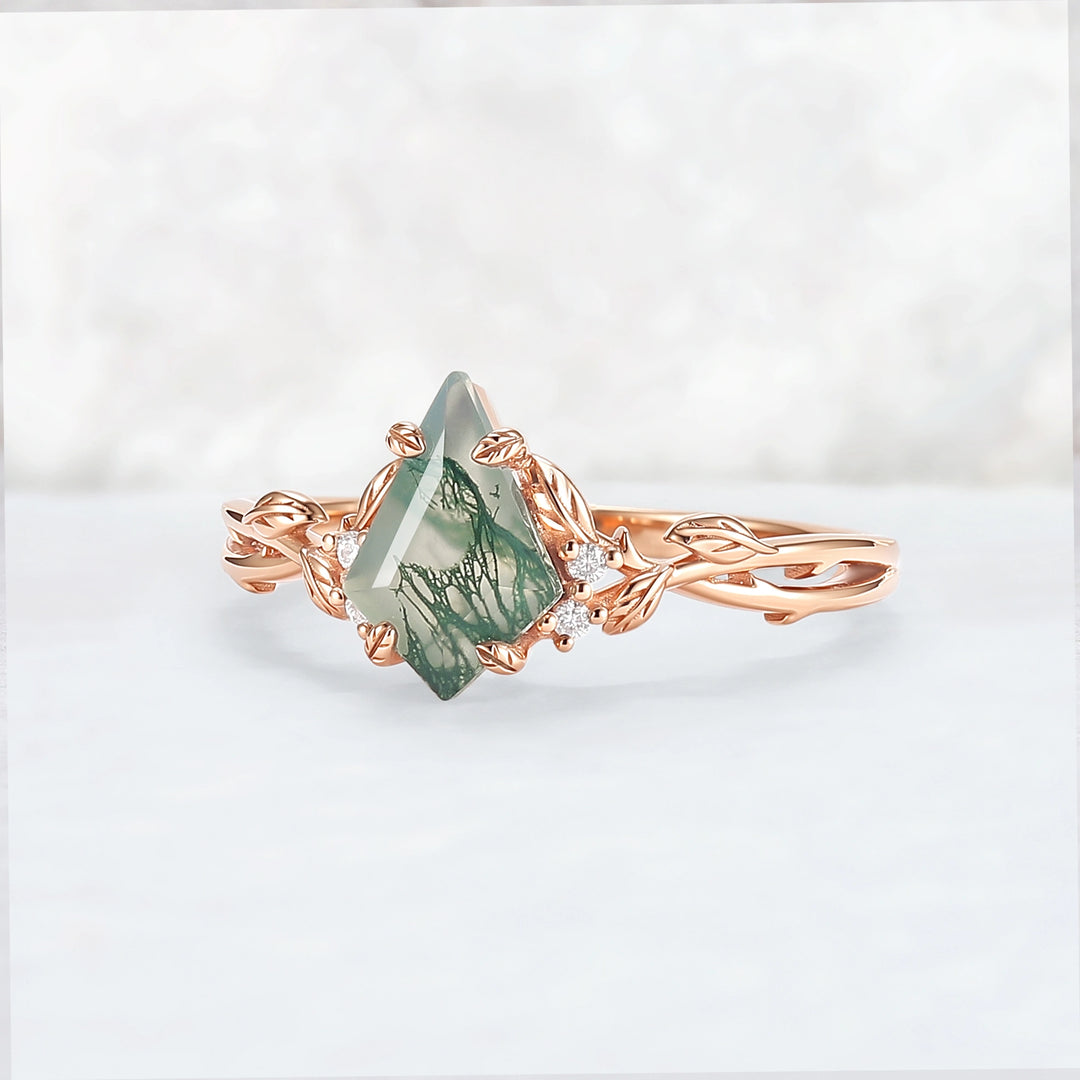 Nature Inspired Kite Cut Moss Agate Leaf Engagement Ring