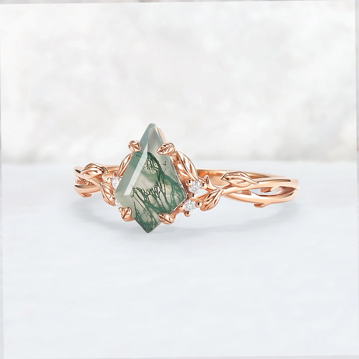 Nature Inspired Kite Cut Moss Agate Leaf Engagement Ring