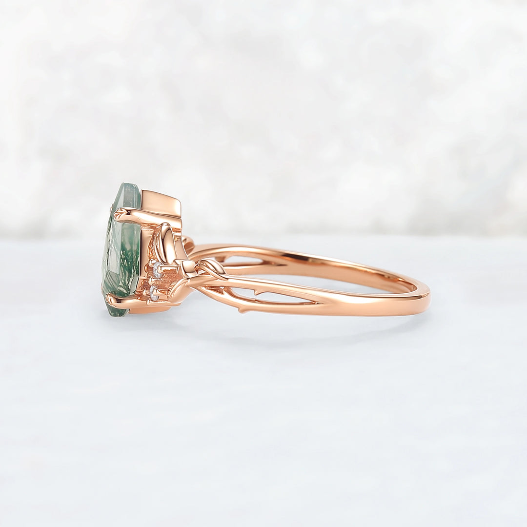 Nature Inspired Kite Cut Moss Agate Leaf Engagement Ring