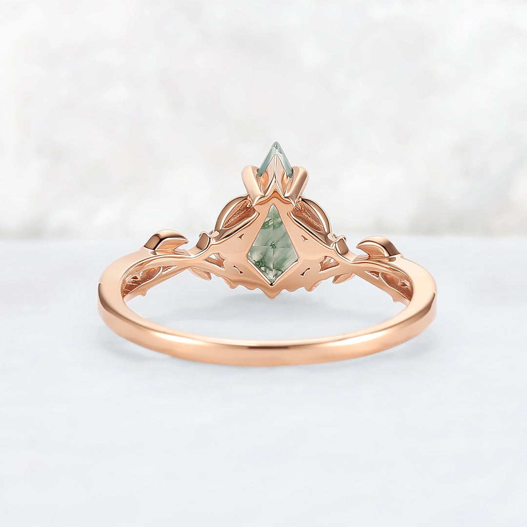 Nature Inspired Kite Cut Moss Agate Leaf Engagement Ring