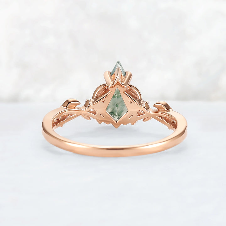 Nature Inspired Kite Cut Moss Agate Leaf Engagement Ring