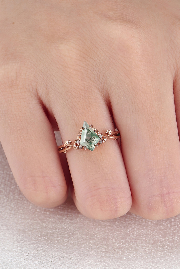 Nature Inspired Kite Cut Moss Agate Leaf Engagement Ring