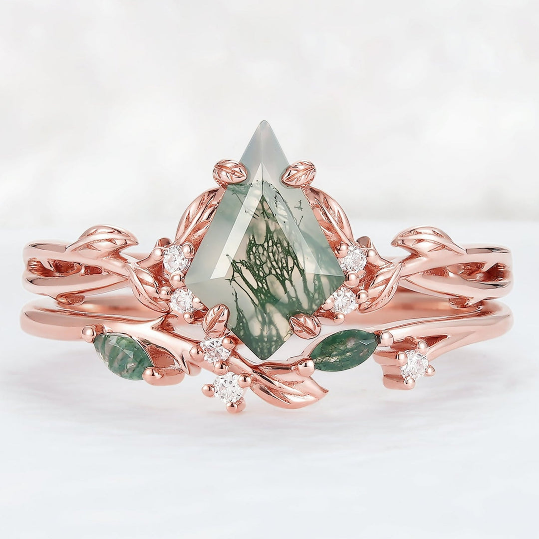 Nature Inspired Kite Cut Moss Agate Leaf Engagement Ring Set 2pcs