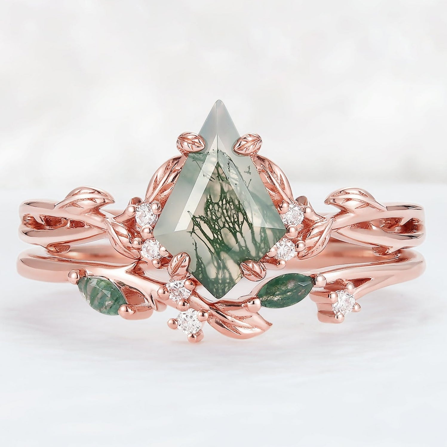 Nature Inspired Kite Cut Moss Agate Leaf Engagement Ring Set 2pcs