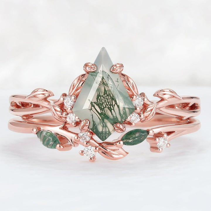 Nature Inspired Kite Cut Moss Agate Leaf Engagement Ring Set 2pcs