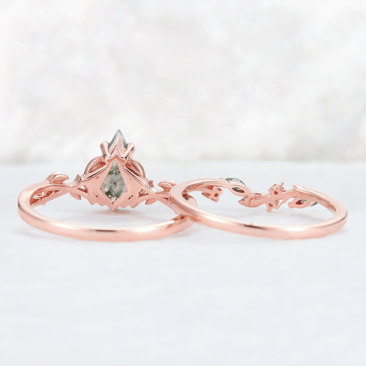 Nature Inspired Kite Cut Moss Agate Leaf Engagement Ring Set 2pcs-4