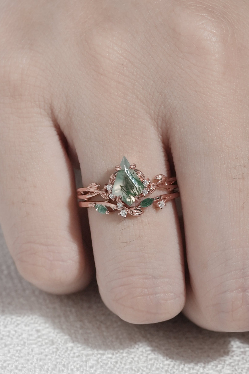 Nature Inspired Kite Cut Moss Agate Leaf Engagement Ring Set 2pcs-1