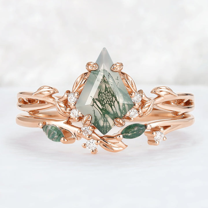 Nature Inspired Kite Cut Moss Agate Leaf Gemstone Ring Set 2pcs