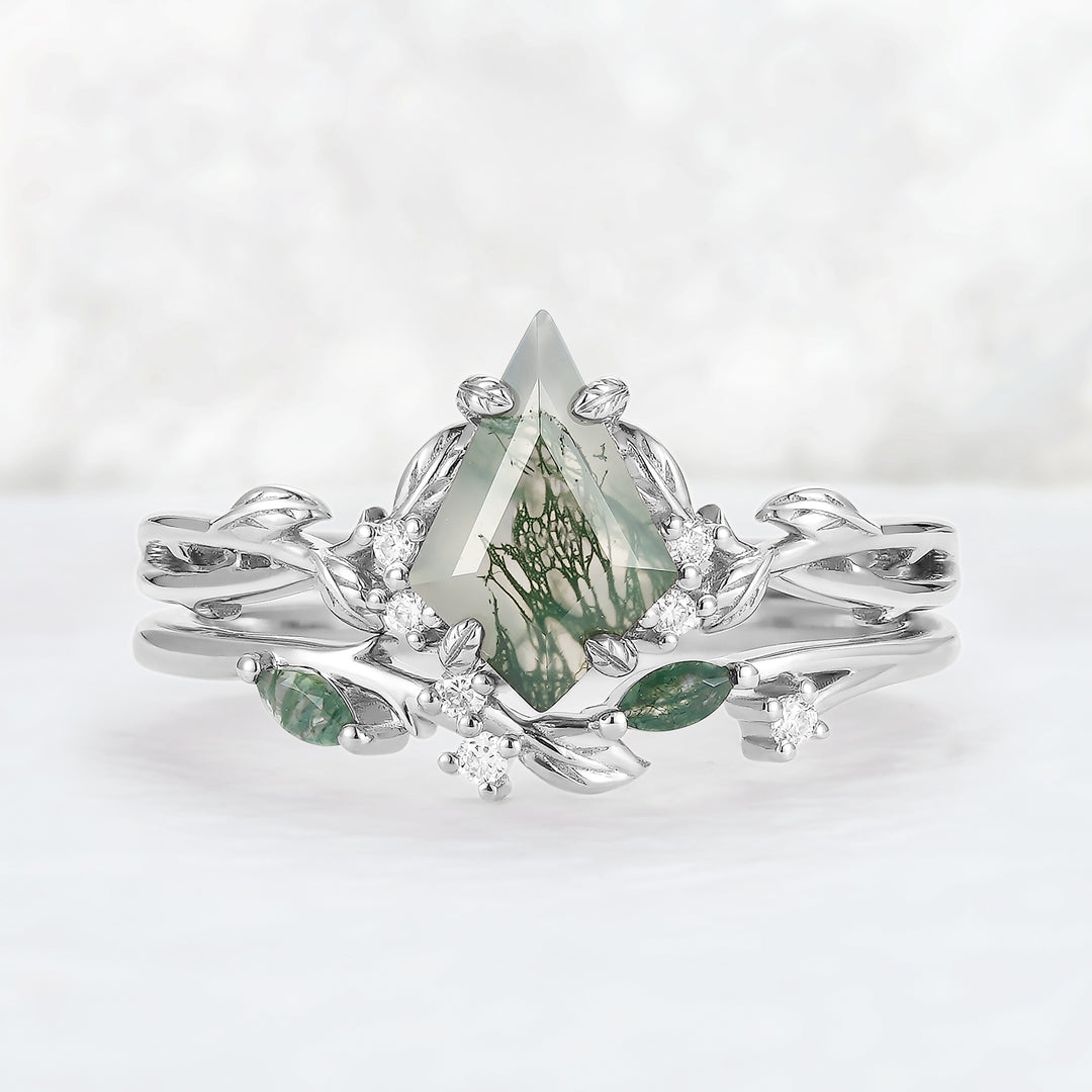 Nature Inspired Kite Cut Moss Agate Leaf Gemstone Ring Set 2pcs