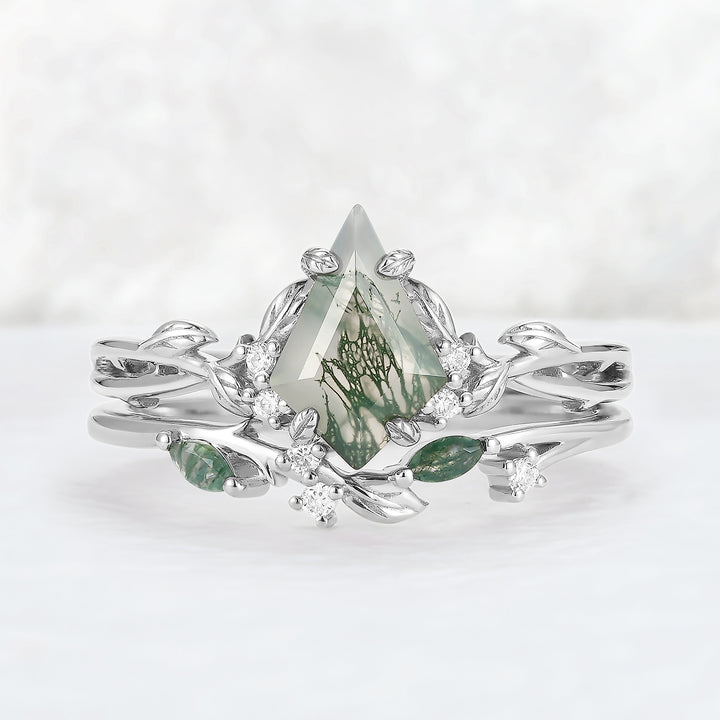 Nature Inspired Kite Cut Moss Agate Leaf Gemstone Ring Set 2pcs